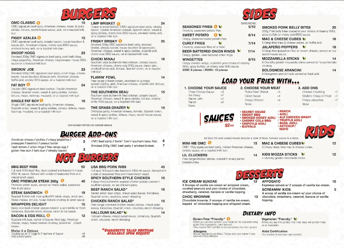 Menu, OMC Burgers & Bar