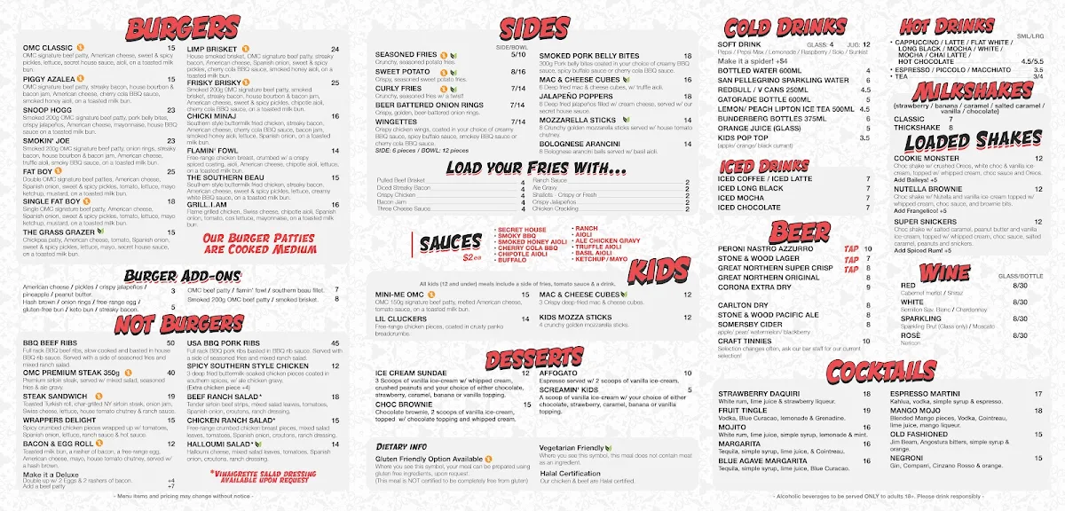 Menu, OMC Burgers & Bar