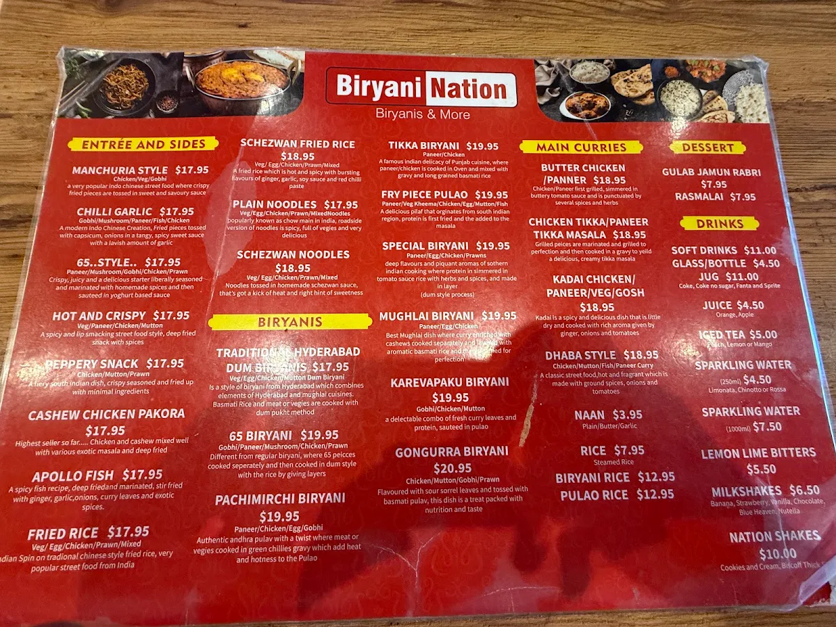 Menu, Biryani Nation Laverton
