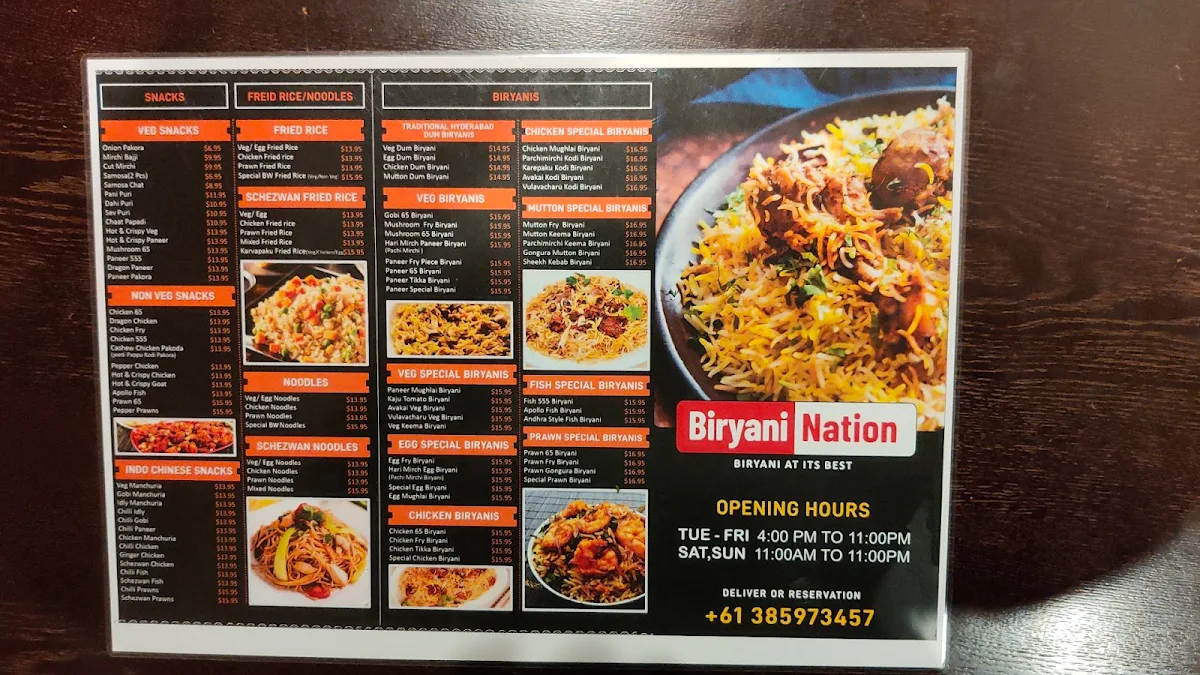 Menu, Biryani Nation Laverton