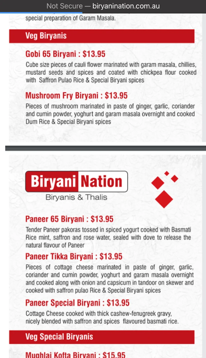 Menu, Biryani Nation Laverton