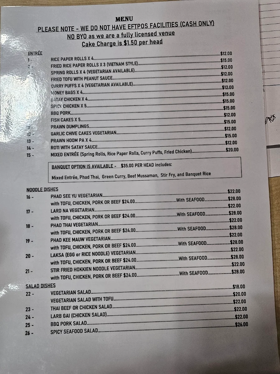 Menu, Graces Place Thai Retaurant
