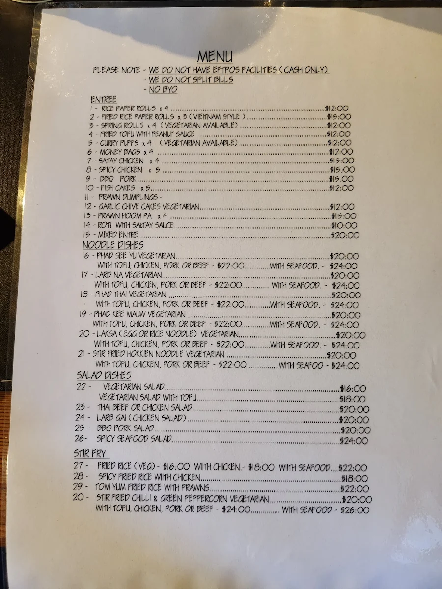 Menu, Graces Place Thai Retaurant