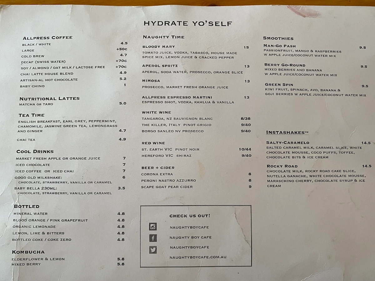 Menu, Naughty Boy Cafe