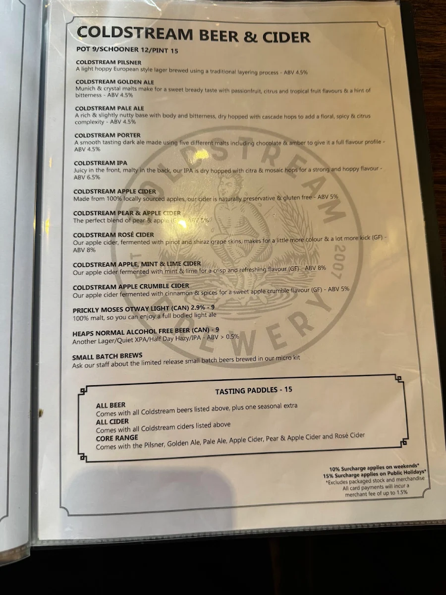 Menu, Coldstream Brewery