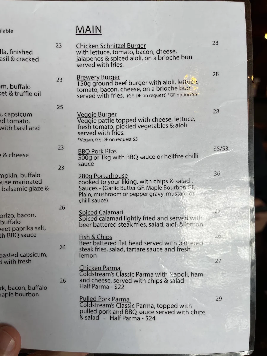 Menu, Coldstream Brewery