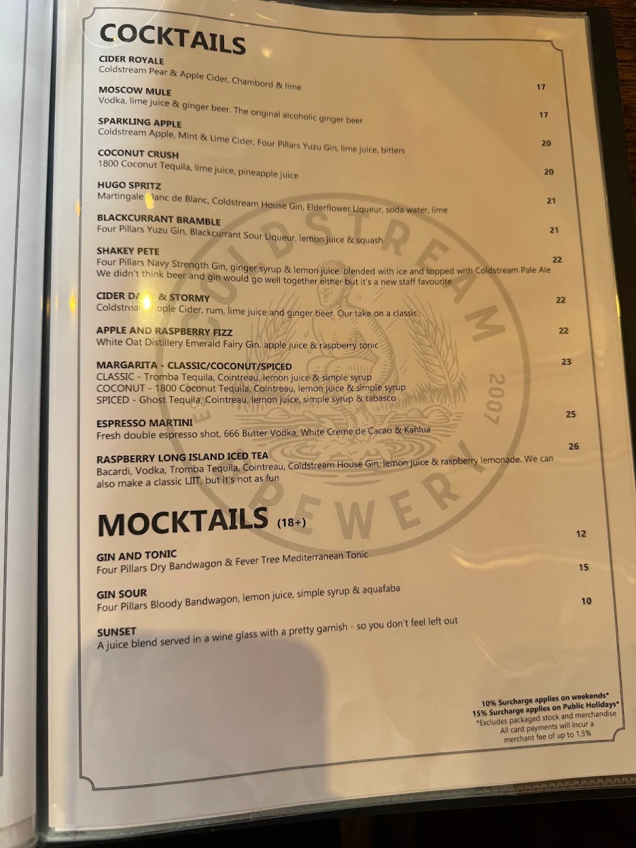Menu, Coldstream Brewery