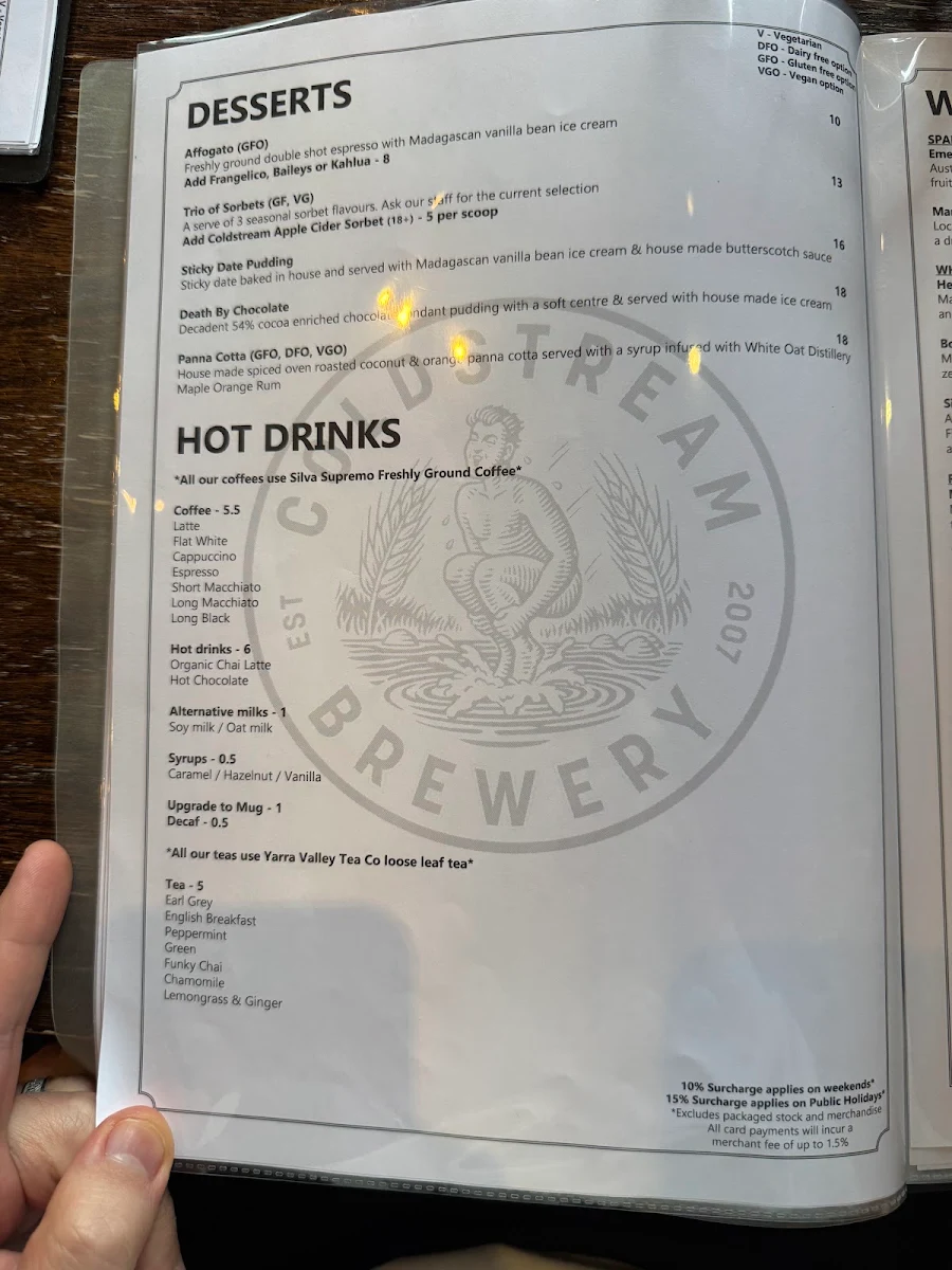 Menu, Coldstream Brewery