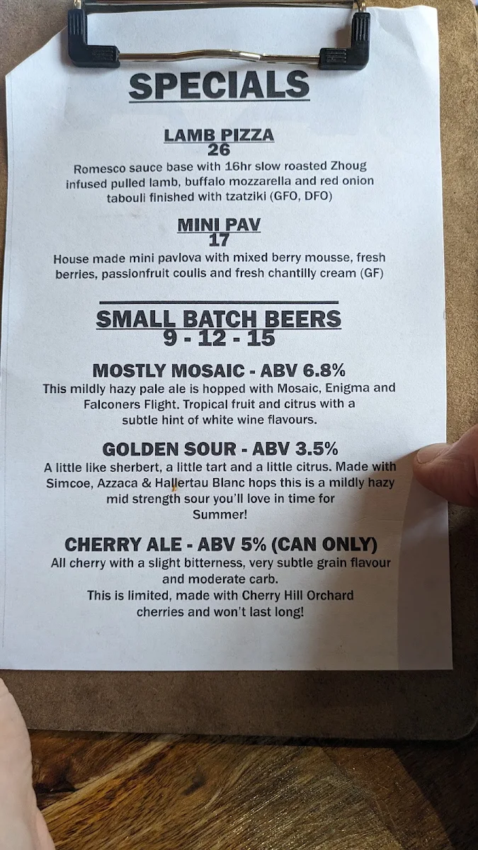 Menu, Coldstream Brewery