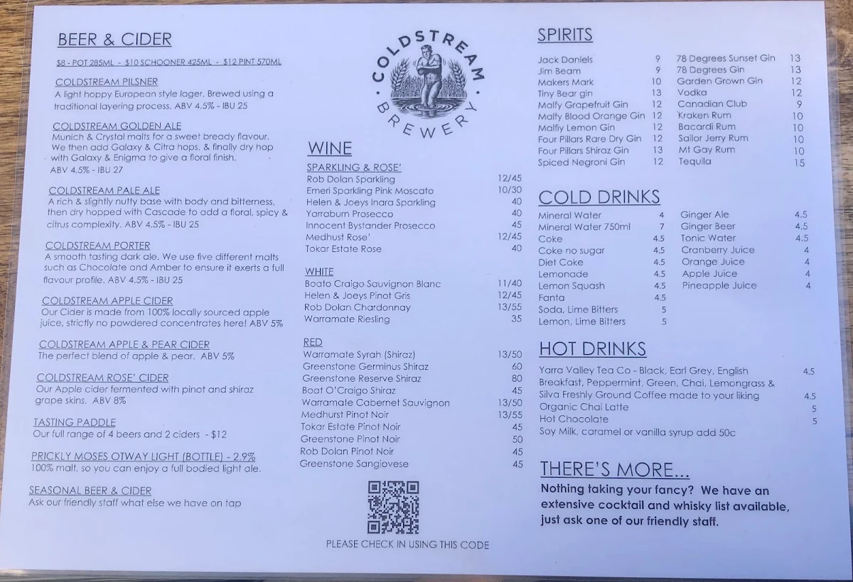 Menu, Coldstream Brewery