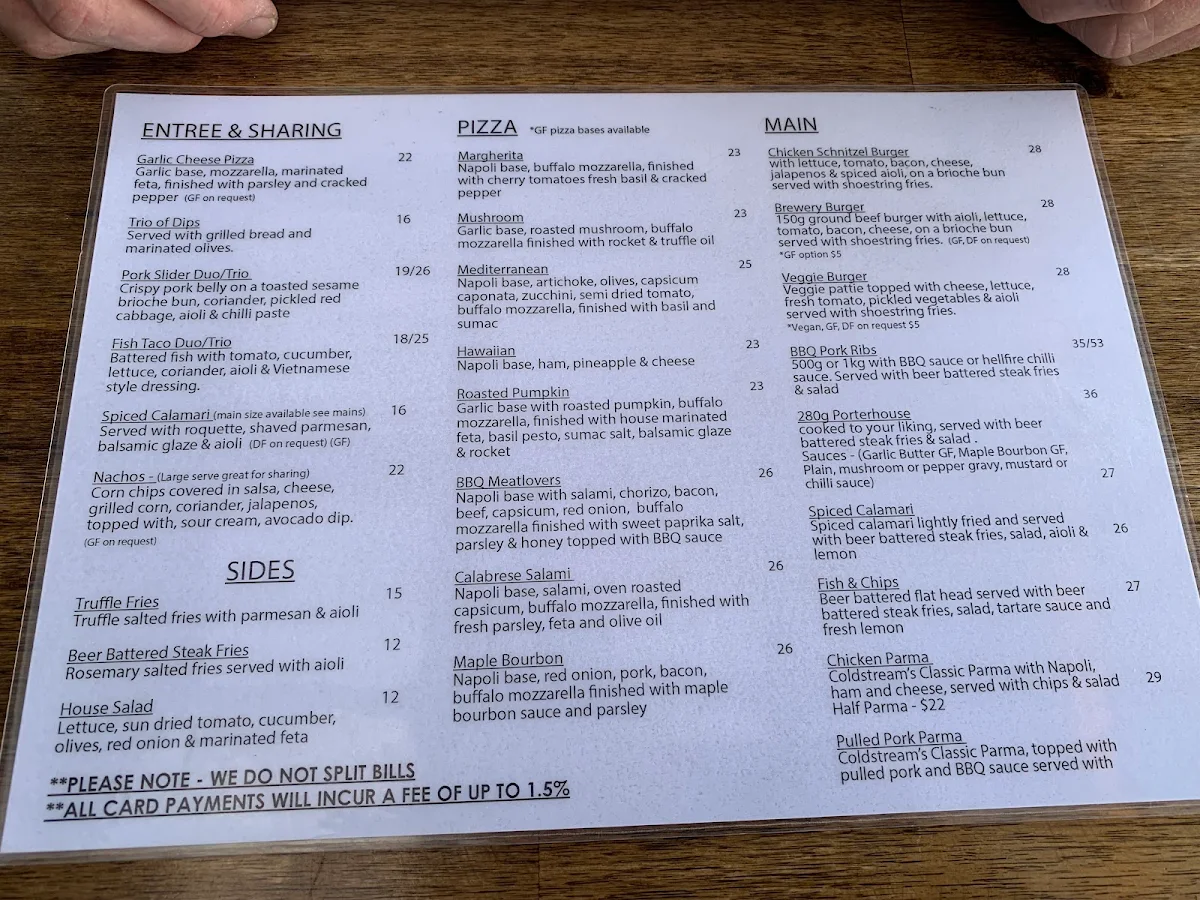 Menu, Coldstream Brewery