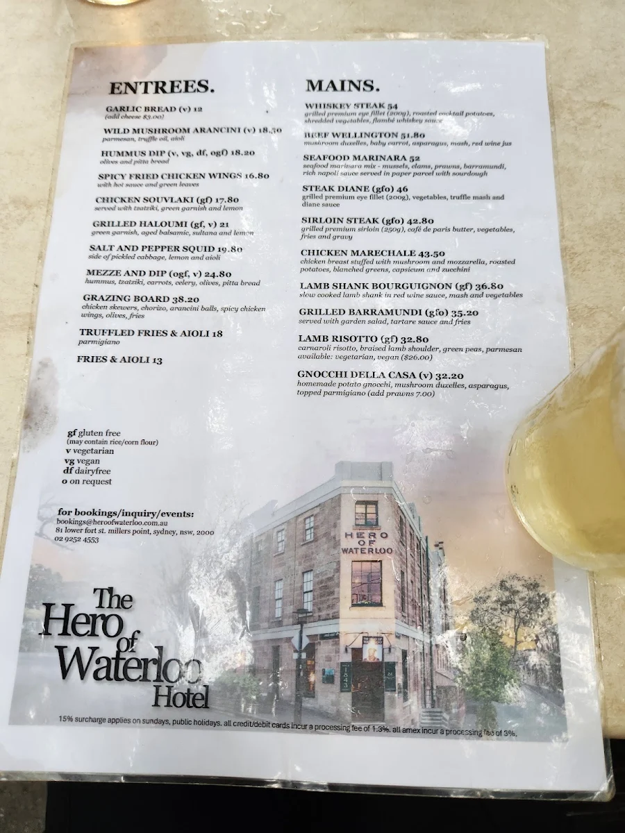 Menu, The Hero of Waterloo Hotel