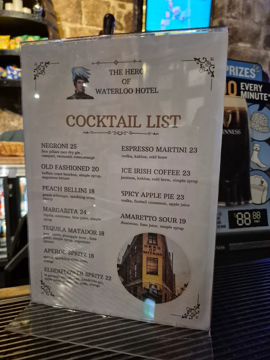 Menu, The Hero of Waterloo Hotel