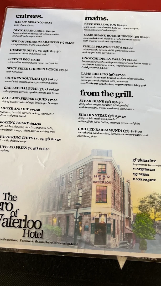 Menu, The Hero of Waterloo Hotel
