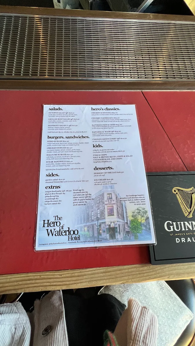 Menu, The Hero of Waterloo Hotel
