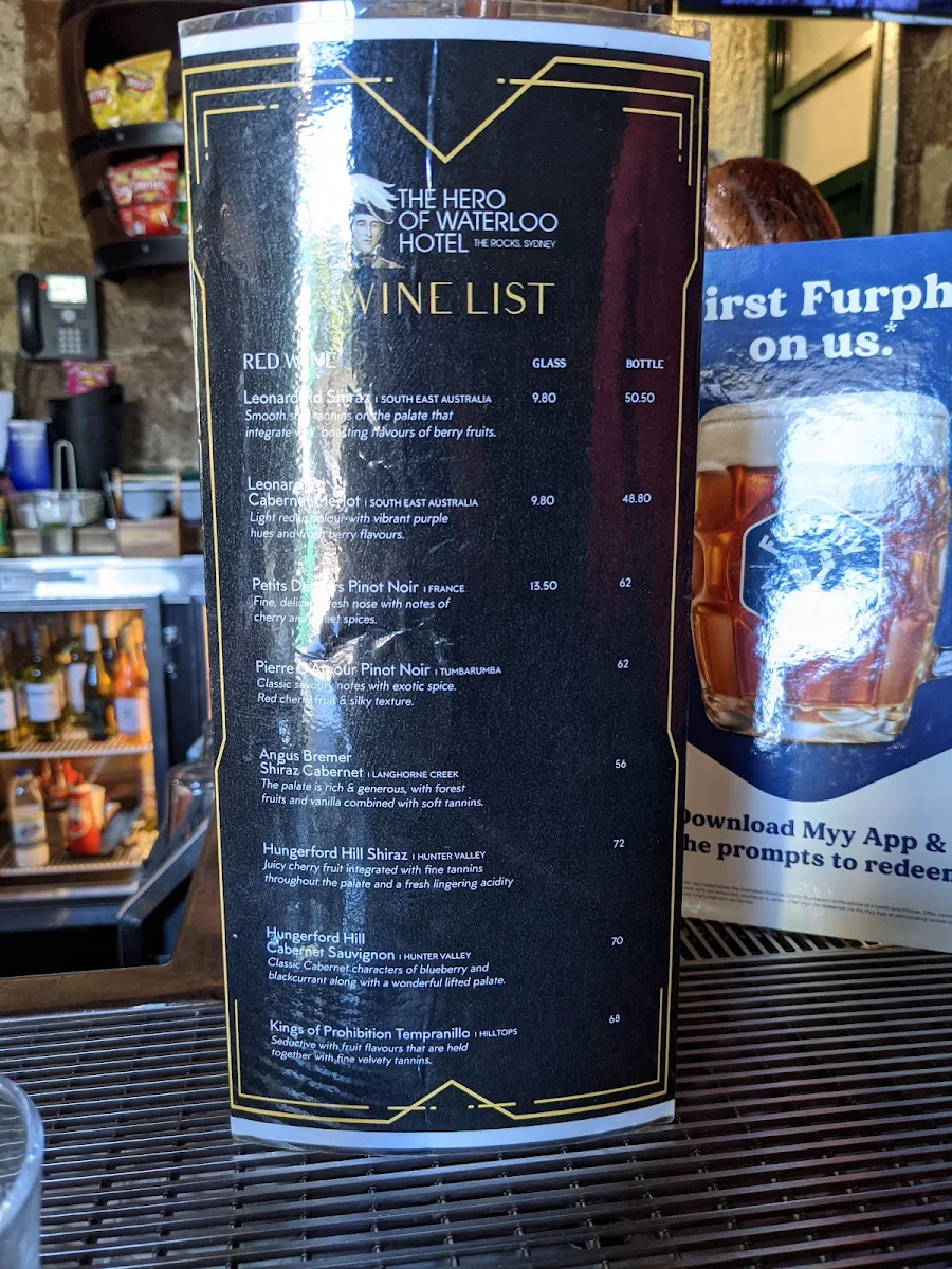 Menu, The Hero of Waterloo Hotel