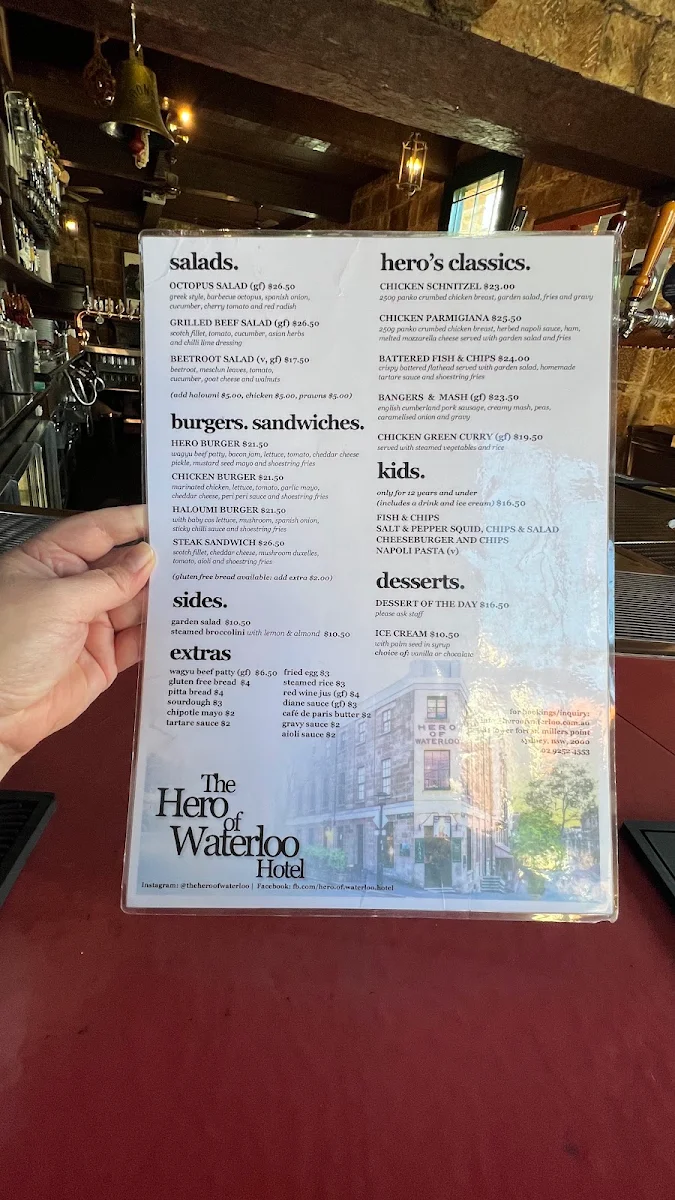 Menu, The Hero of Waterloo Hotel