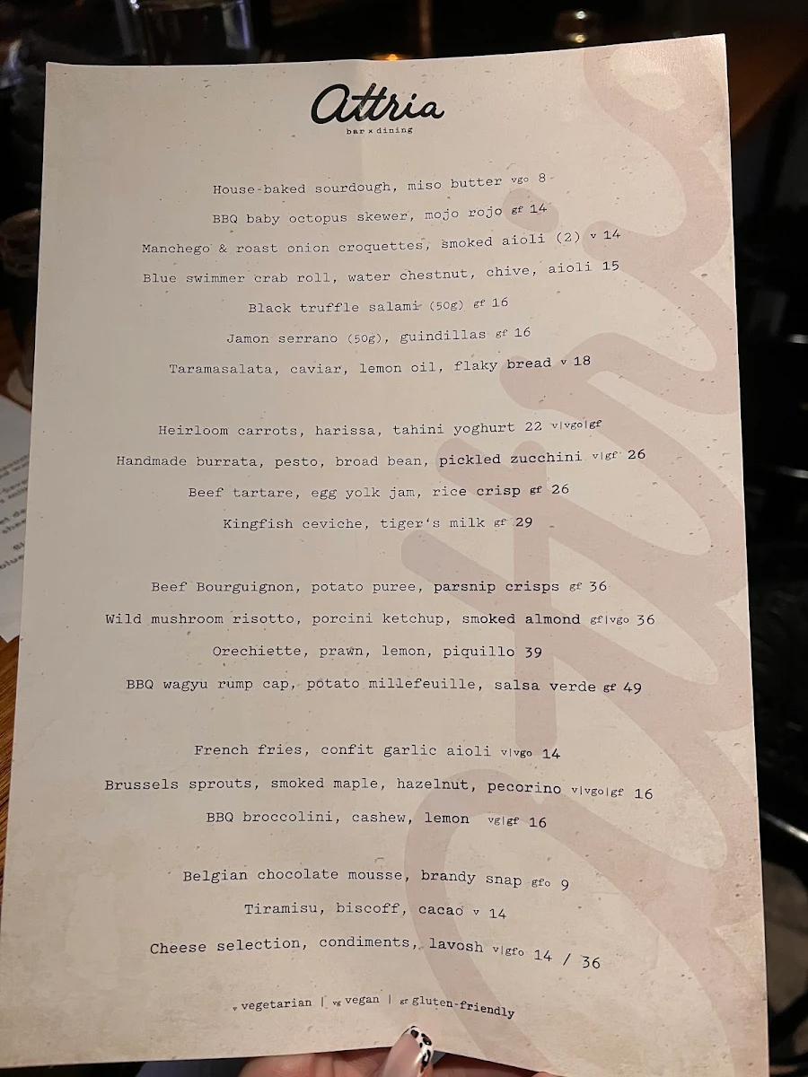 Menu, Attria Wine