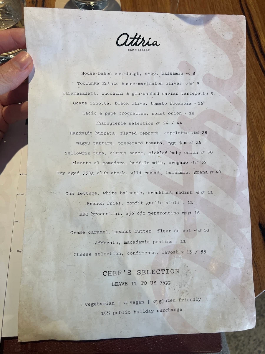 Menu, Attria Wine