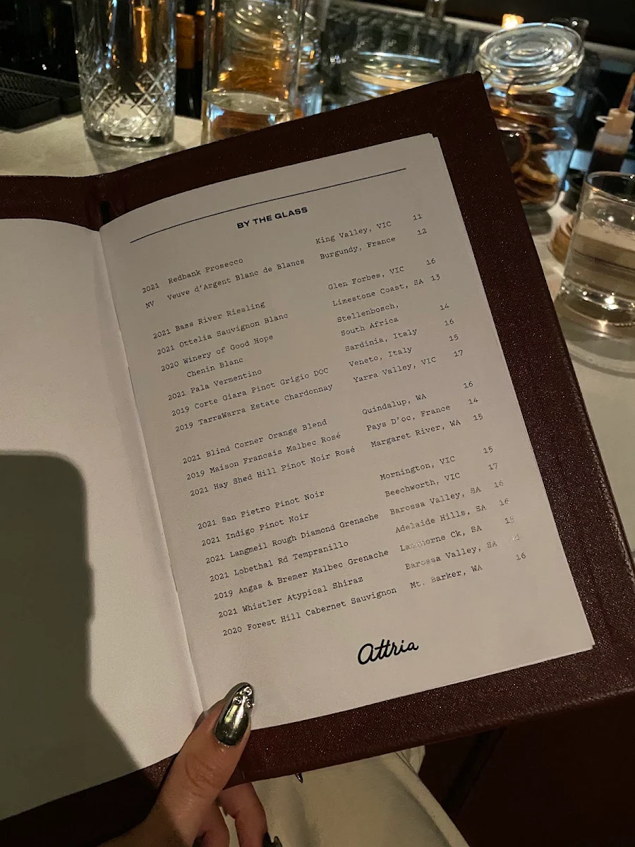 Menu, Attria Wine