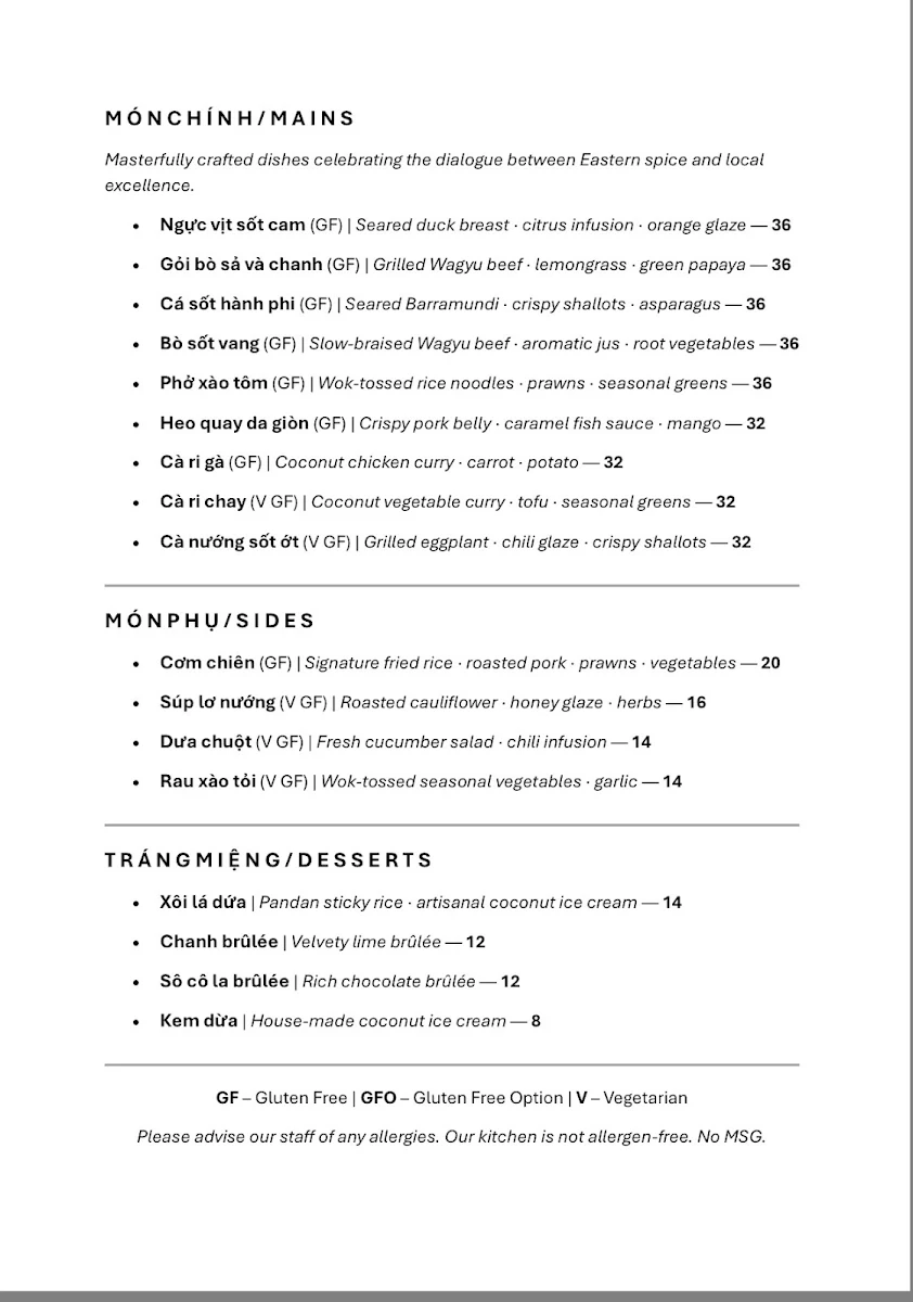 Menu, Barossa Pho