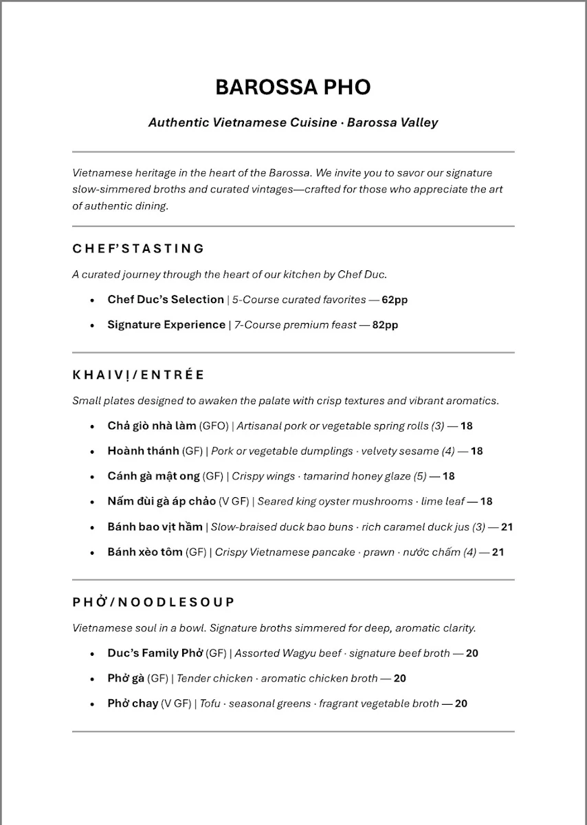 Menu, Barossa Pho