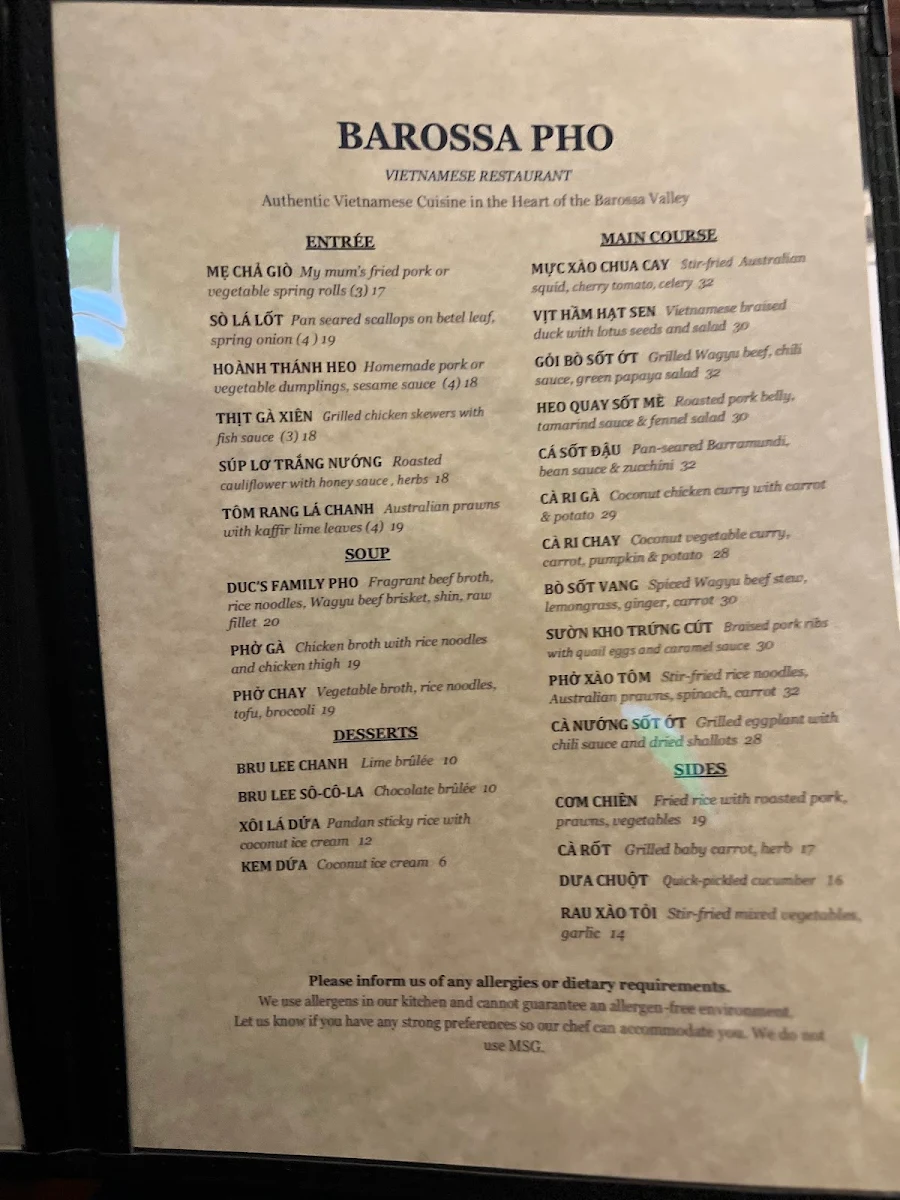 Menu, Barossa Pho