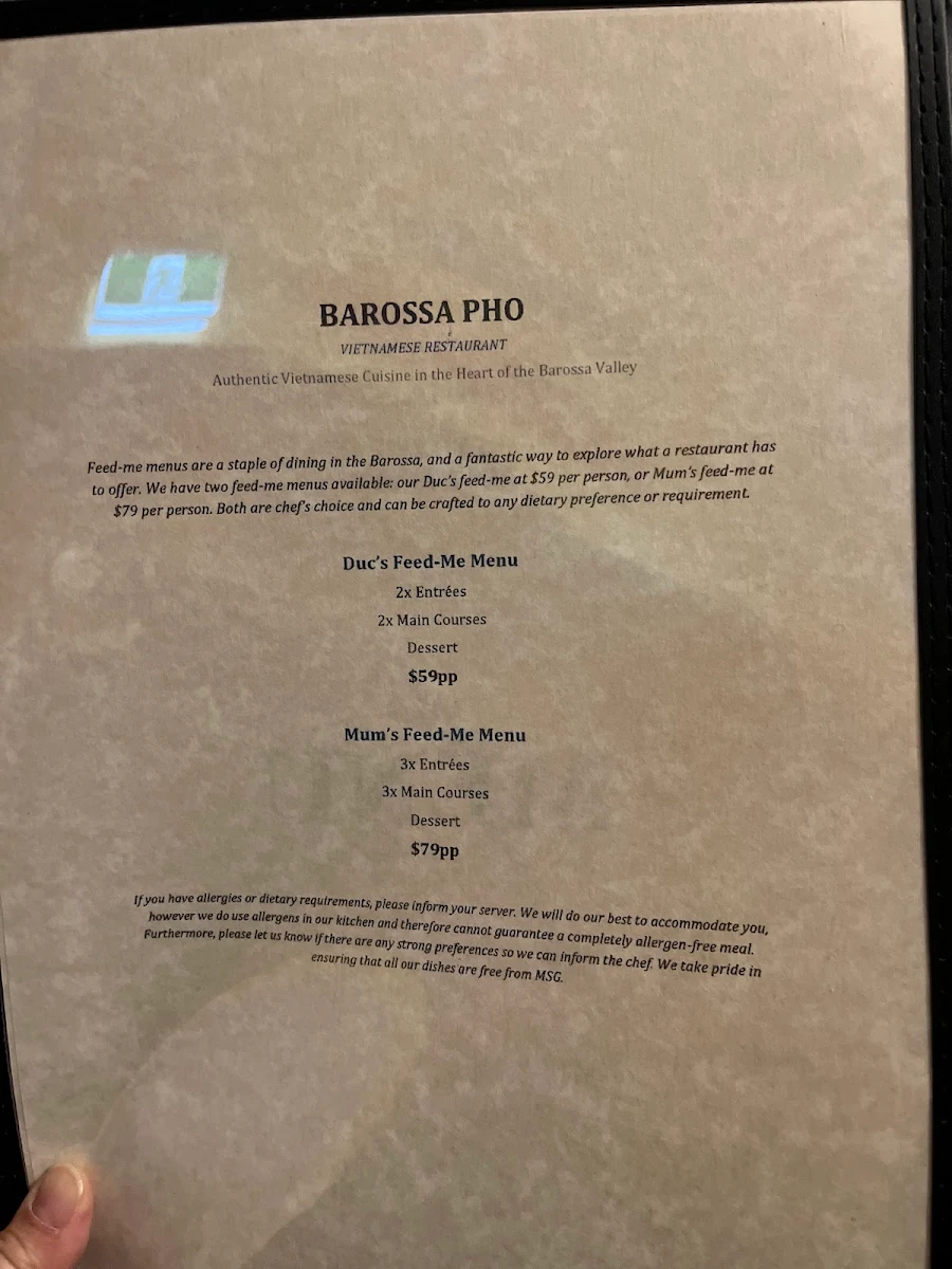 Menu, Barossa Pho