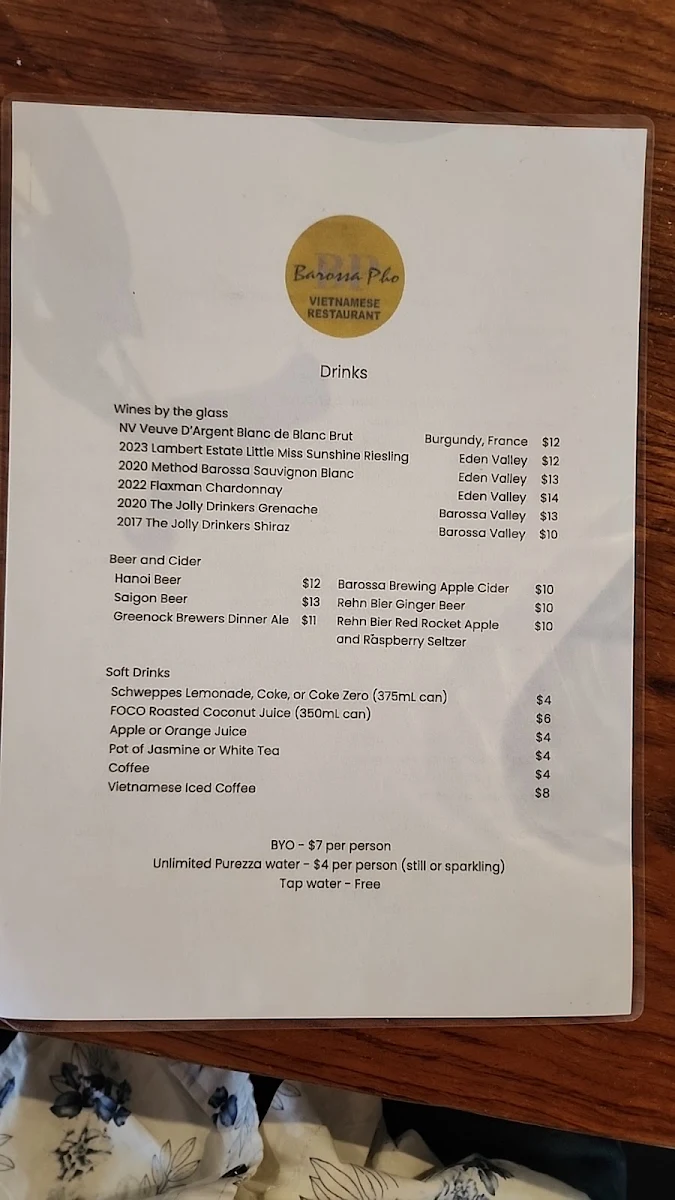 Menu, Barossa Pho