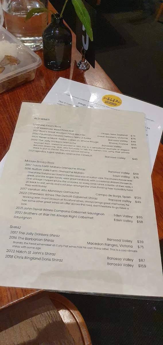 Menu, Barossa Pho