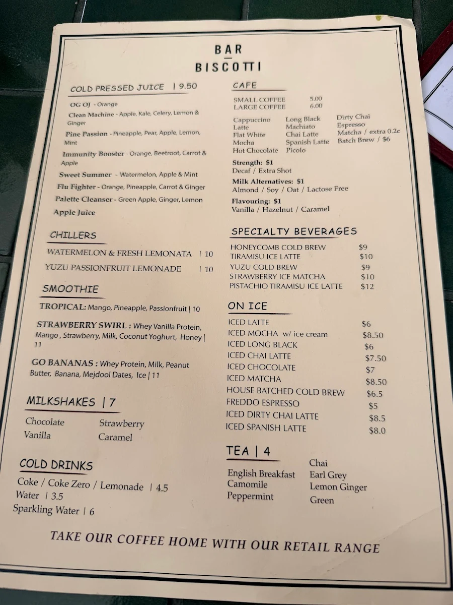 Menu, Bar Biscotti