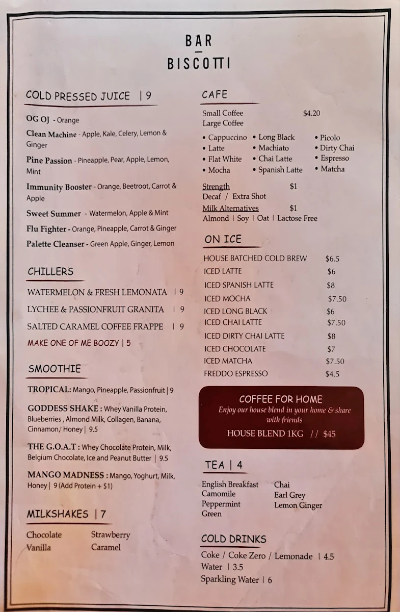 Menu, Bar Biscotti