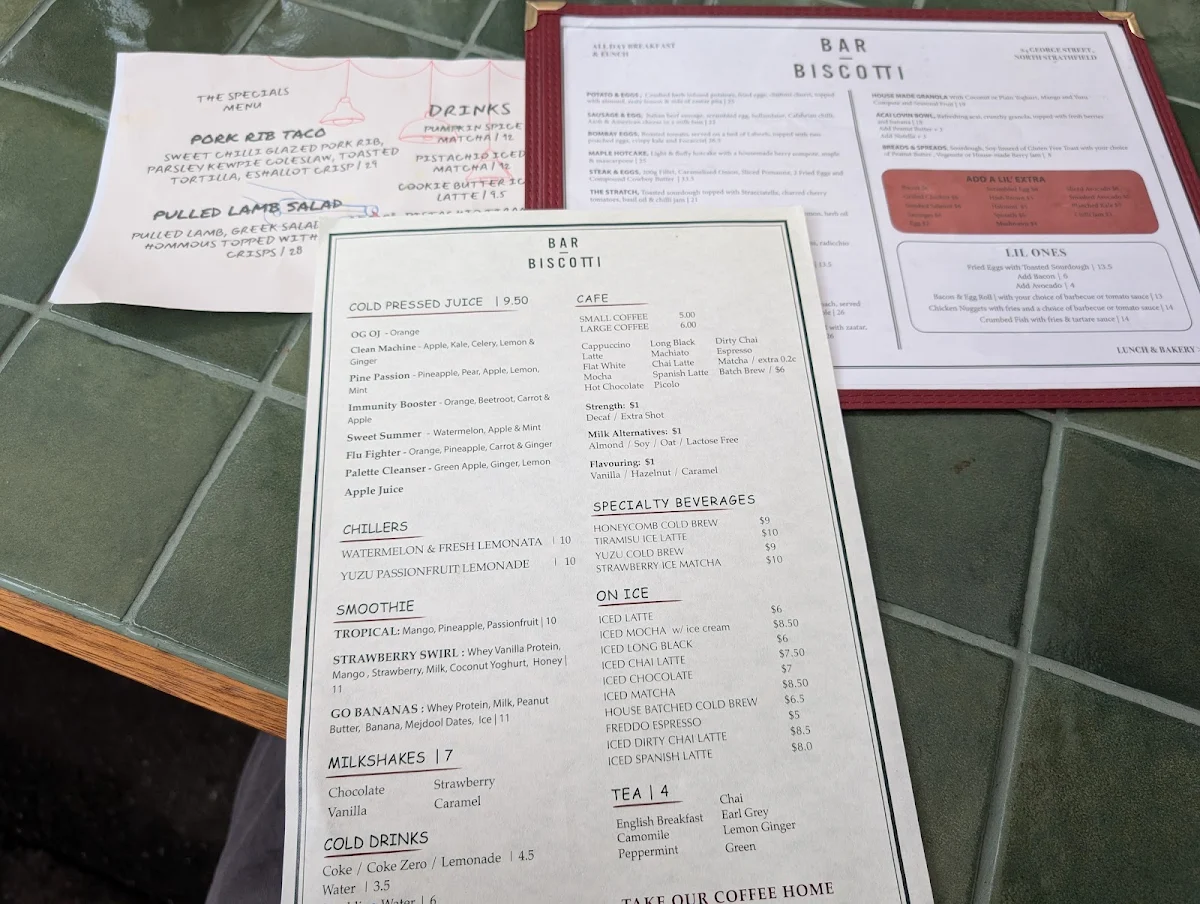 Menu, Bar Biscotti
