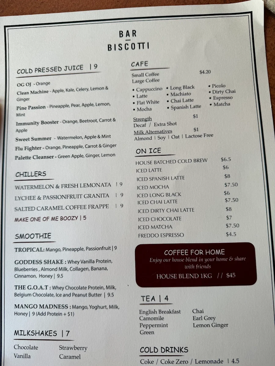 Menu, Bar Biscotti