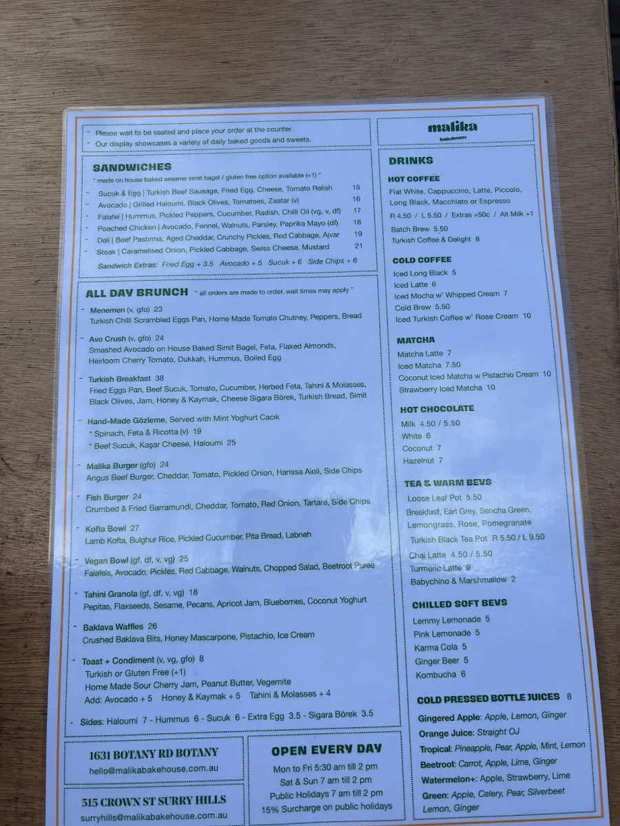 Menu, Malika Bakehouse Botany