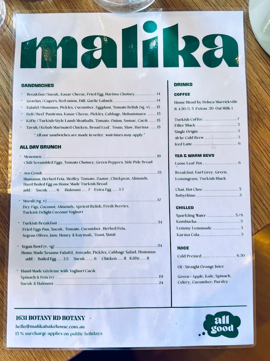 Menu, Malika Bakehouse Botany