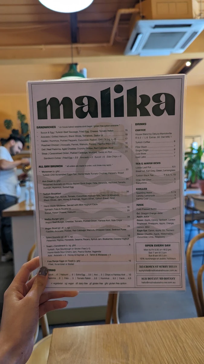 Menu, Malika Bakehouse Botany