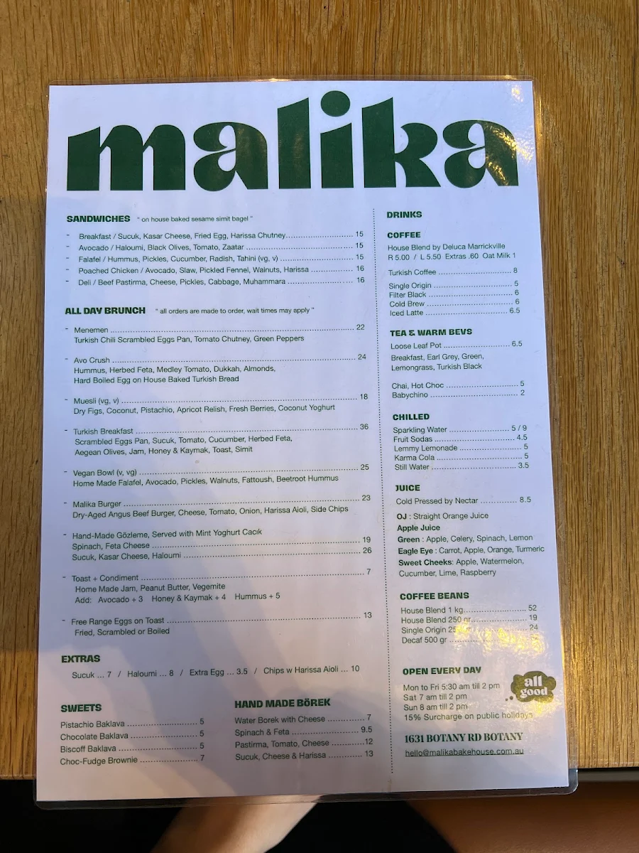 Menu, Malika Bakehouse Botany