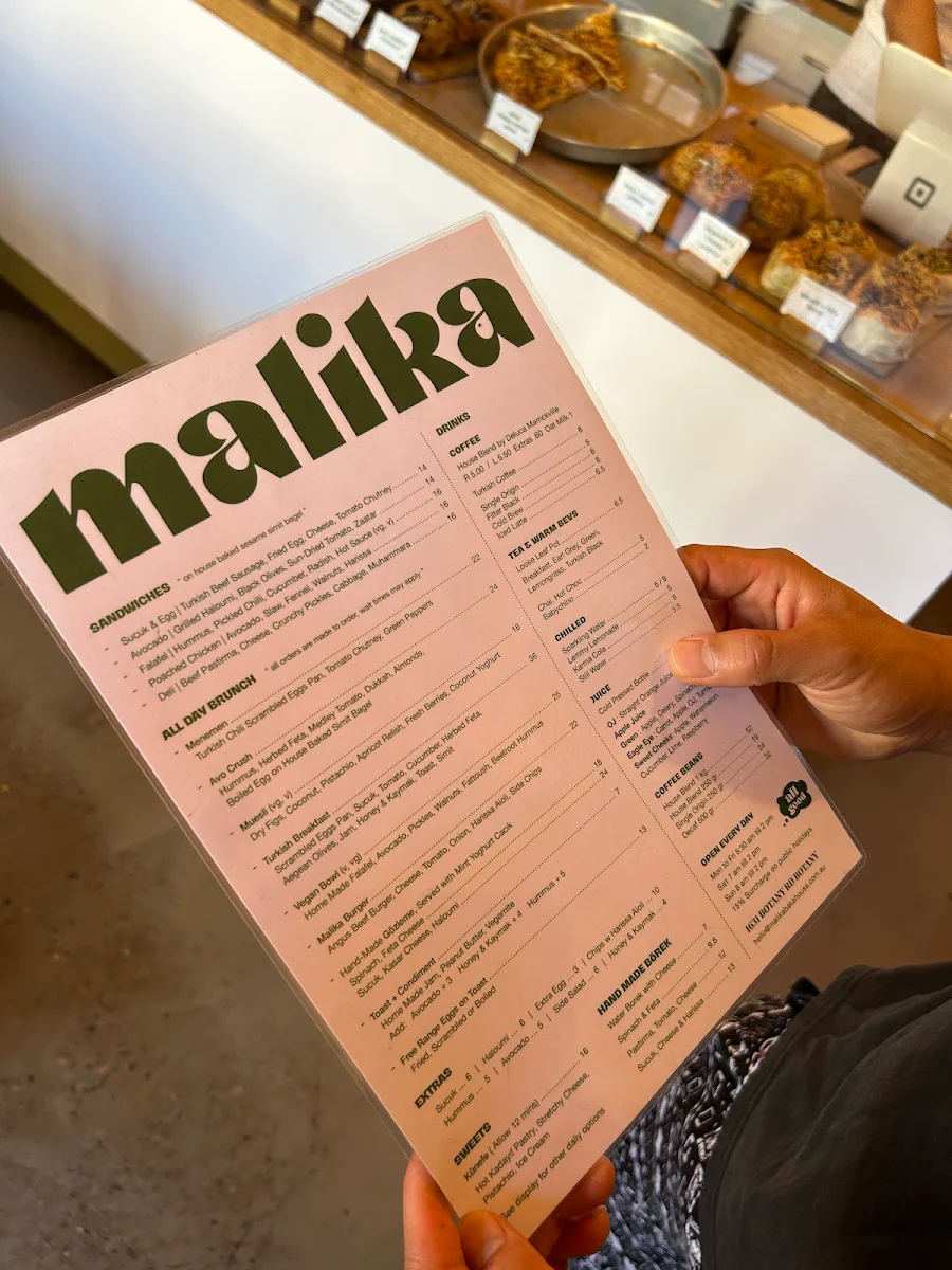 Menu, Malika Bakehouse Botany