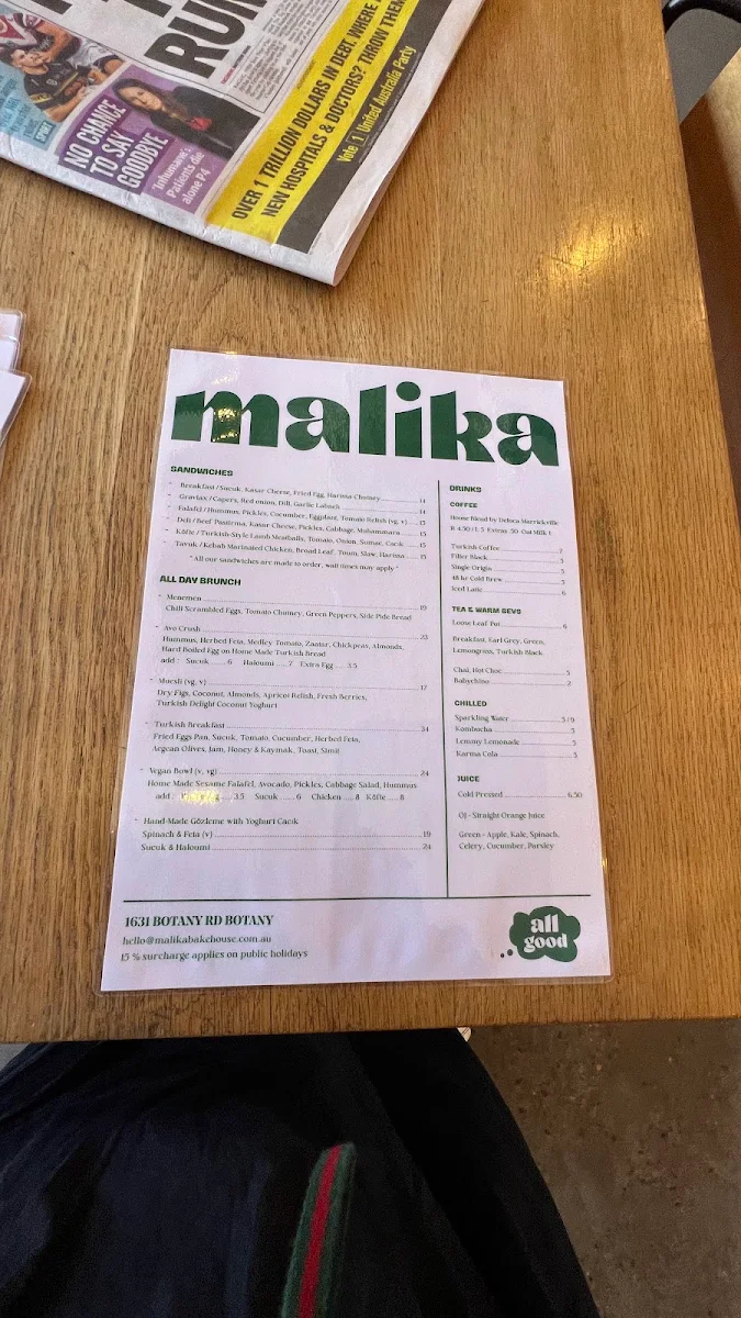 Menu, Malika Bakehouse Botany