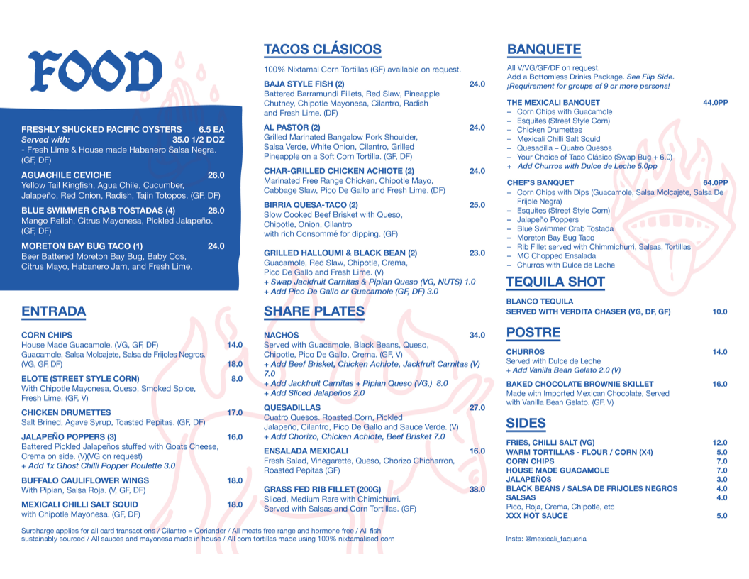 Menu, MexiCali Bar Y Taqueria - Nobby Beach