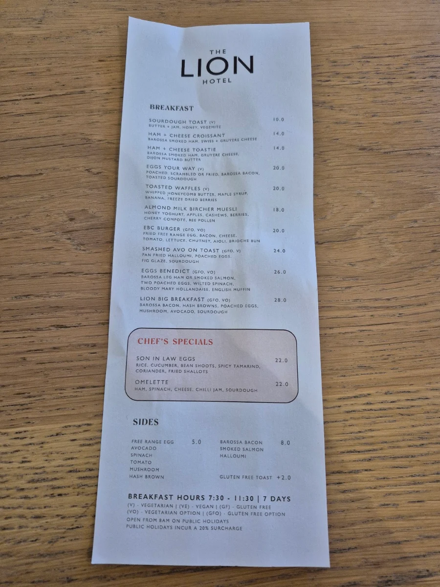 Menu, The Lion Hotel