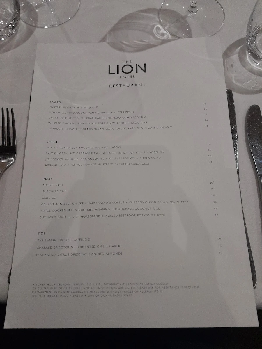 Menu, The Lion Hotel