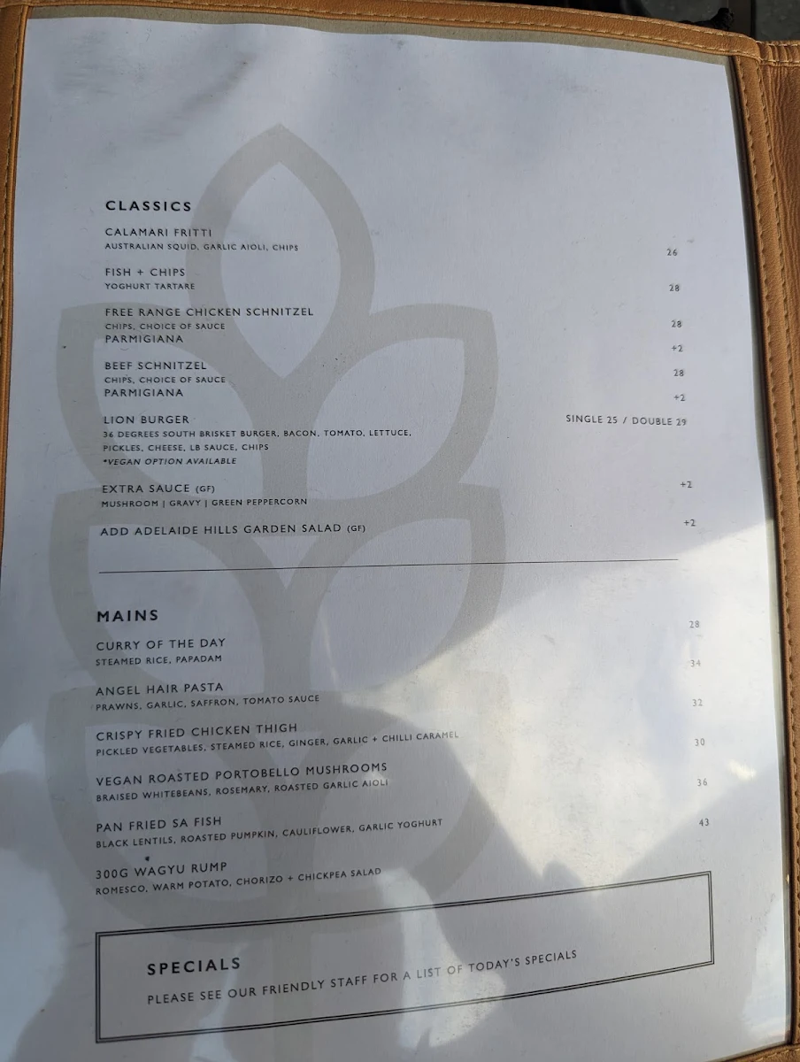 Menu, The Lion Hotel