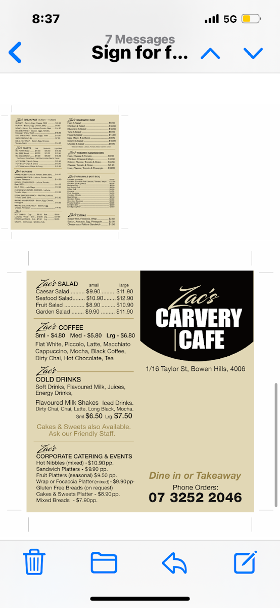 Menu, ZACS CARVERY CAFE BOWEN HILLS