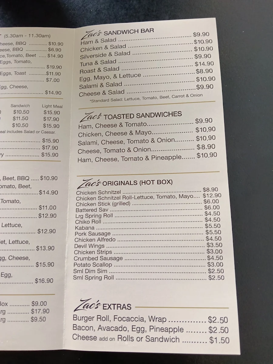 Menu, ZACS CARVERY CAFE BOWEN HILLS