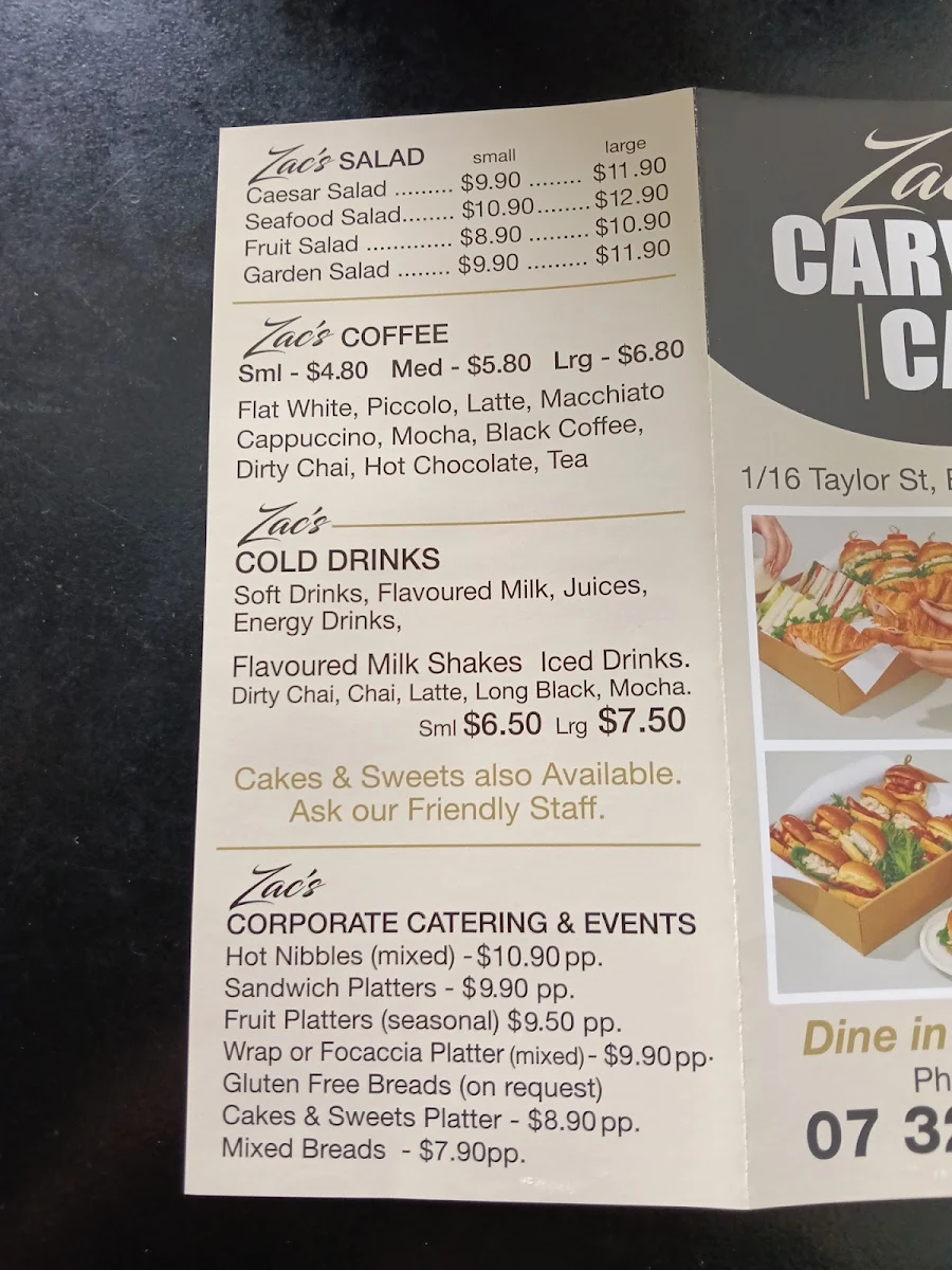 Menu, ZACS CARVERY CAFE BOWEN HILLS