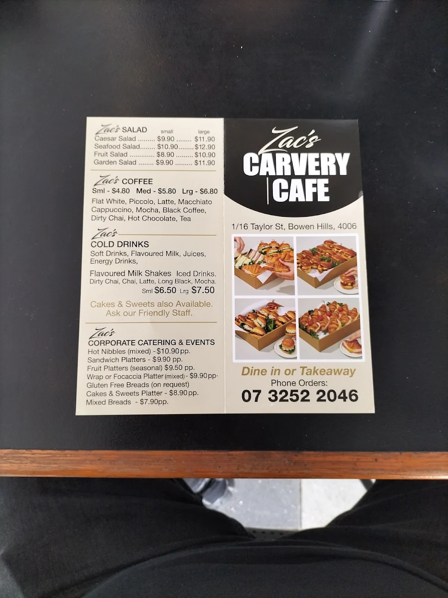 Menu, ZACS CARVERY CAFE BOWEN HILLS