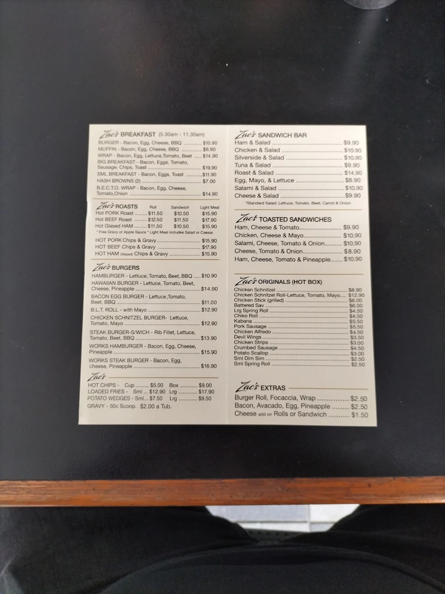 Menu, ZACS CARVERY CAFE BOWEN HILLS