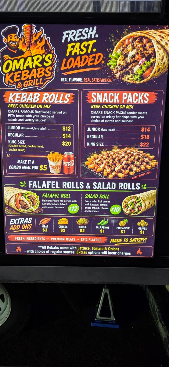 Menu, Omars Kebabs & Grill